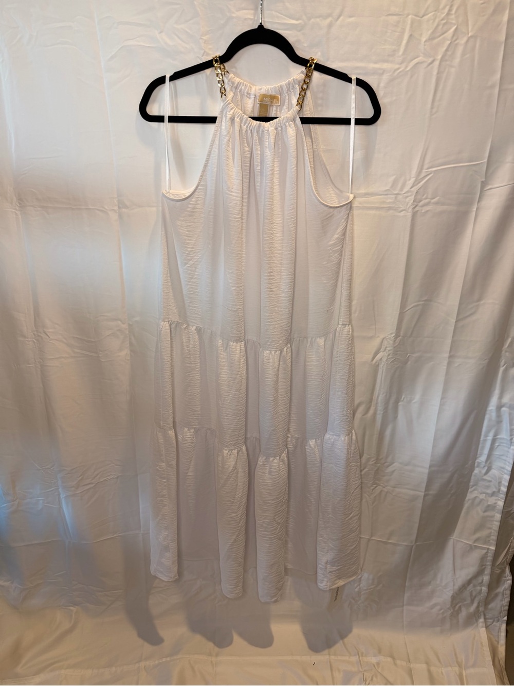 MICHAEL Michael Kors White Halter Maxi Dress with Gold Chain Straps